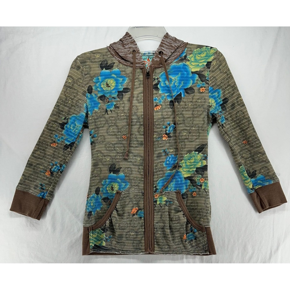 Free People Womens Small Blue Floral Waffle Knit Thermal Full Zip Hoodie Brown